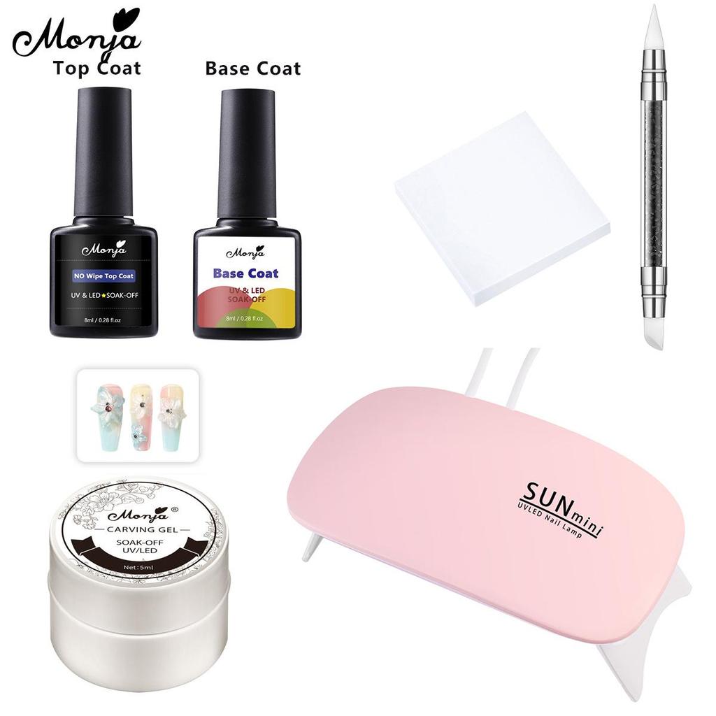 Monja Nail Art 3D скульптурный набор для моделирования УФ-гелевых ногтей, сушильная лампа для ногтей, двухсторонняя силиконовая ручка для резьбы, цветная бумажная основа, верхнее покрытие, инструменты для дизайна маникюра своими руками