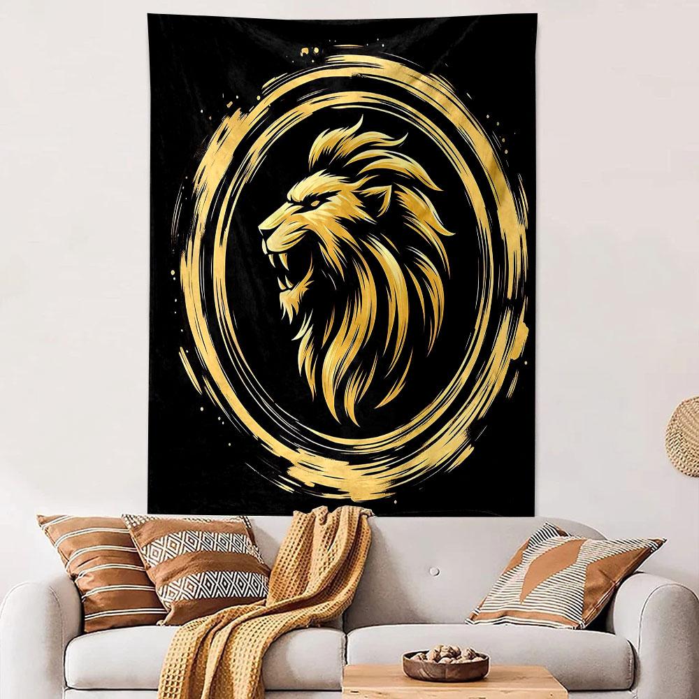Golden Lion Head in Circular Design Patterned Tapestry Decorative Wall Hanging, Home Bedroom Living Room Decor