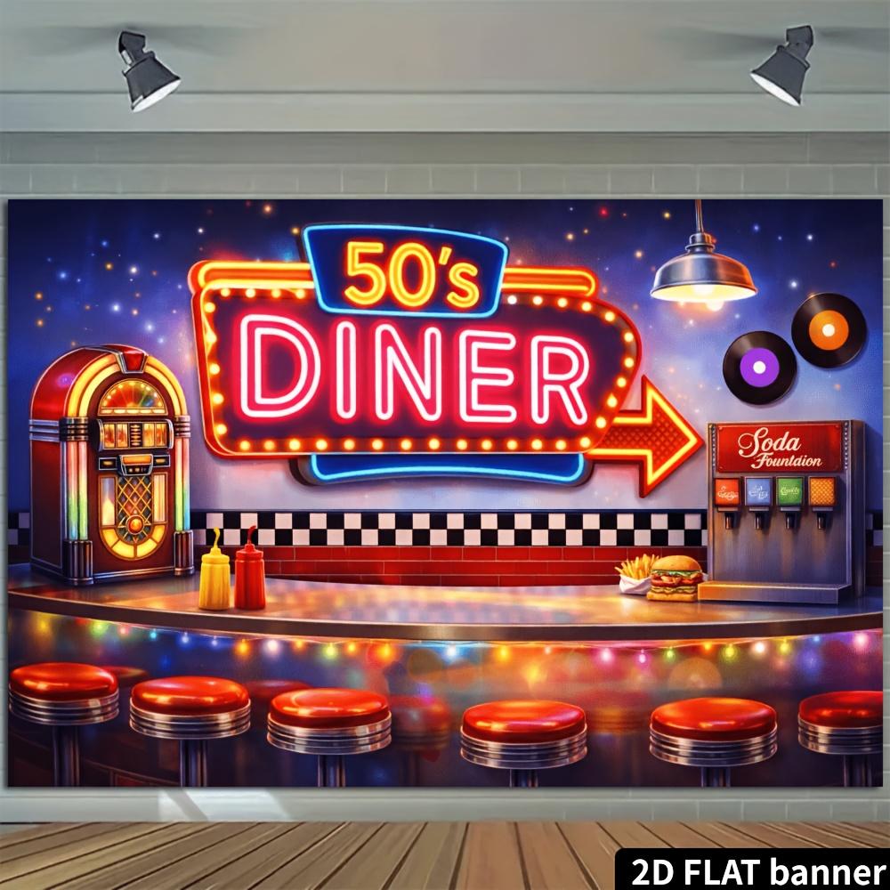 2D flat banner neon retro diner background cloth, "50's diner" sign combined with jukebox