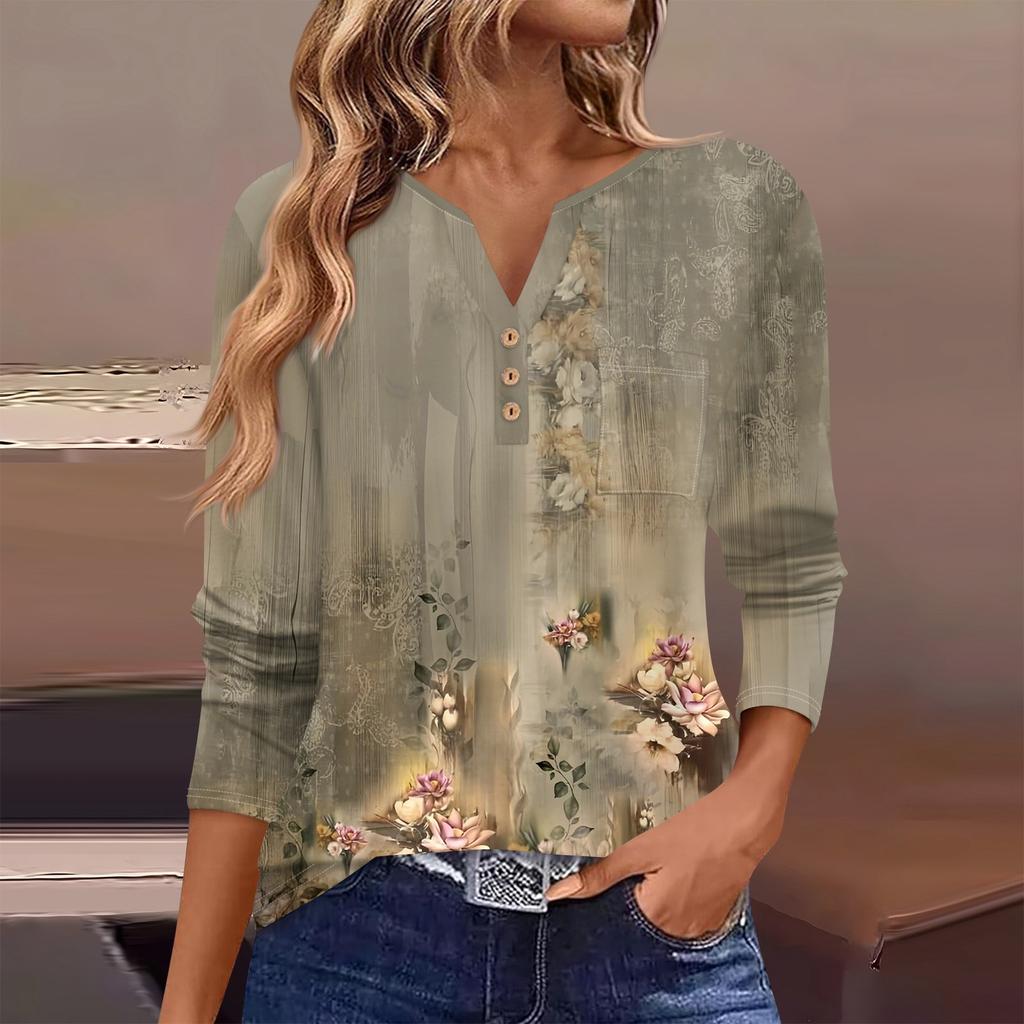 Женская футболка с длинным рукавом на пуговицах, повседневная, выходного дня, модная, базовая, с V-образным вырезом, обычная, с карманом