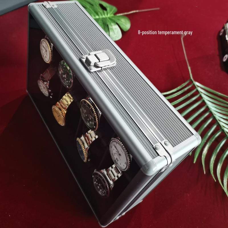 Многофункциональная коробка для часов и ювелирных изделий из алюминиевого сплава «Дымчато-серый» с прозрачной крышкой