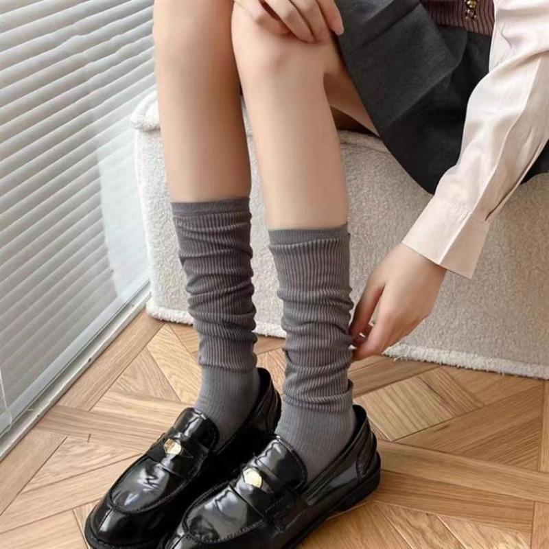2 Pairs Summer and Autumn Slim MIddle Tube Women's Socks Pure Color Pile Up Versatile Mesh Female Long Sock