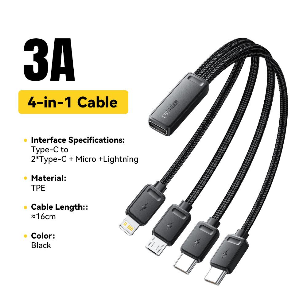 Essager Быстрый портативный кабель 4-в-1 для путешествий, Type C (female) на Multi USB с 2 адаптерами Type C, Micro USB и Lightning