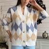 Casual Plaid V Neck Knitted Cardigan Jacket Women 2023 Winter Vintage Argyle Loose Sweater Women Long Sleeve Cardigans  28889