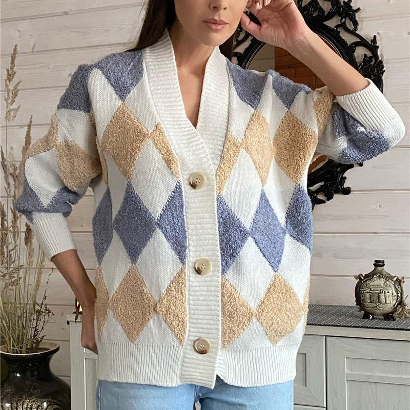 Casual Plaid V Neck Knitted Cardigan Jacket Women 2023 Winter Vintage Argyle Loose Sweater Women Long Sleeve Cardigans 28889