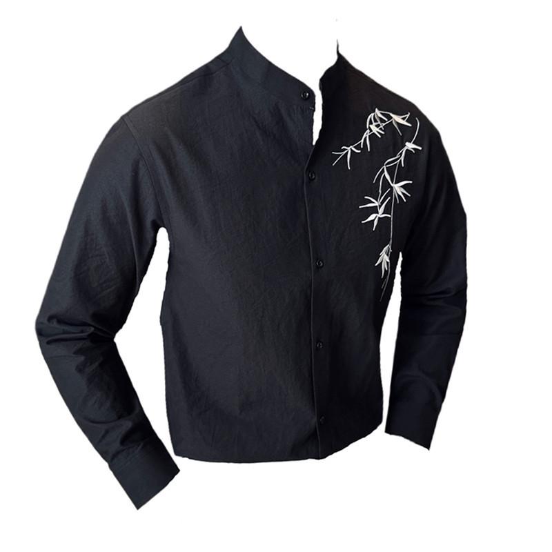 Мужская рубашка в китайском стиле с вышивкой, воротником-стойкой и длинными рукавами