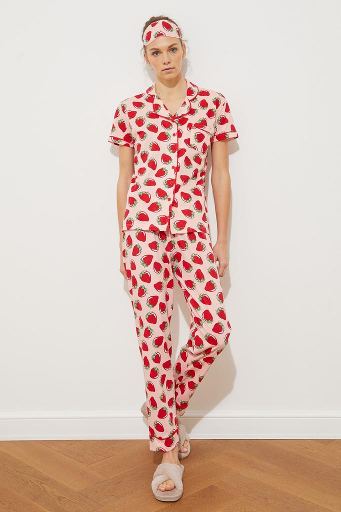 Women's Fashion New Pajama Set Pink Piping Detailed Strawberry Patterned Knitted Pajama Set