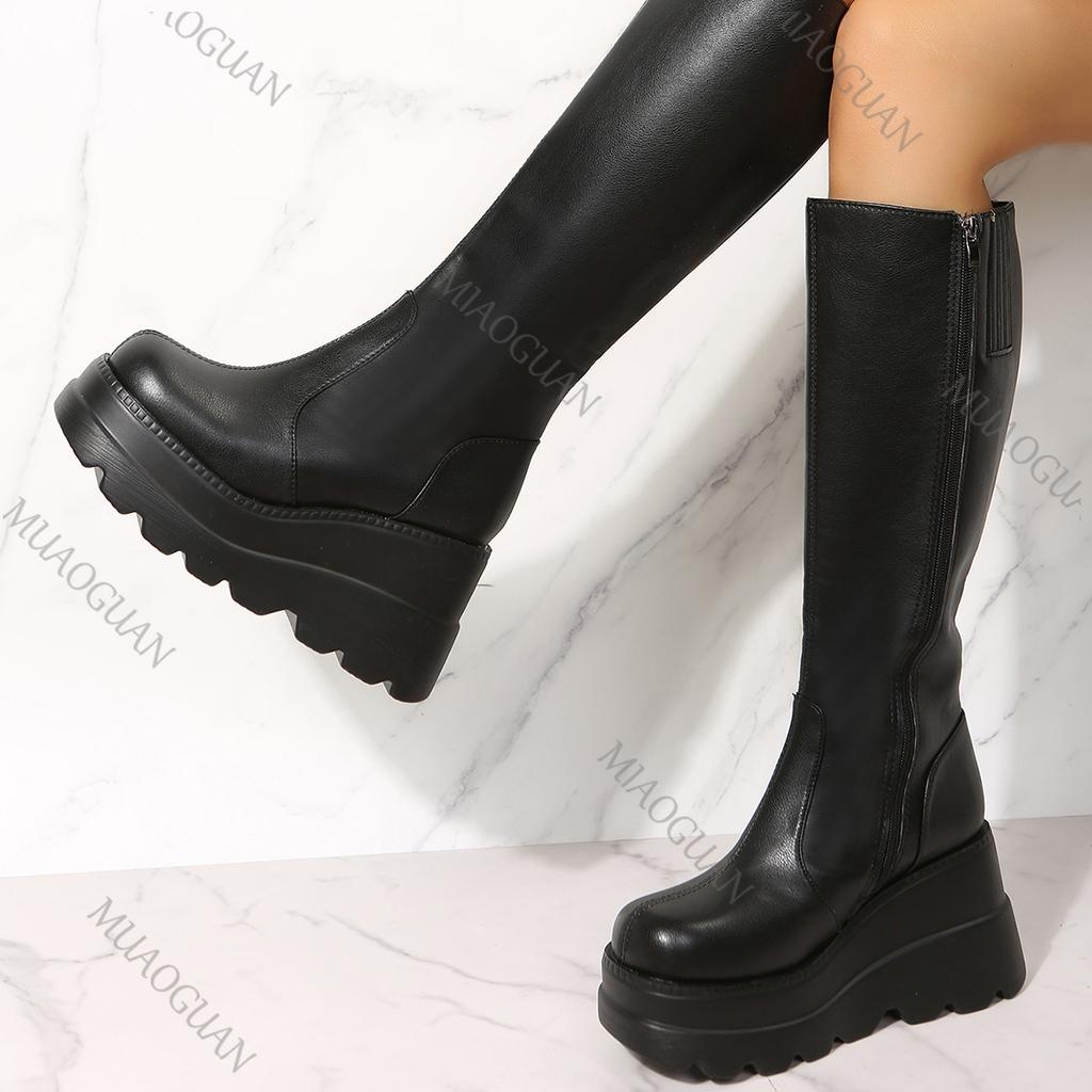 Fashion Women's Long Boots 2025 Autumn Winter New Thick Bottom Punk Style Knee High Boots for Women Black Wedges High Heels Gothic Botas