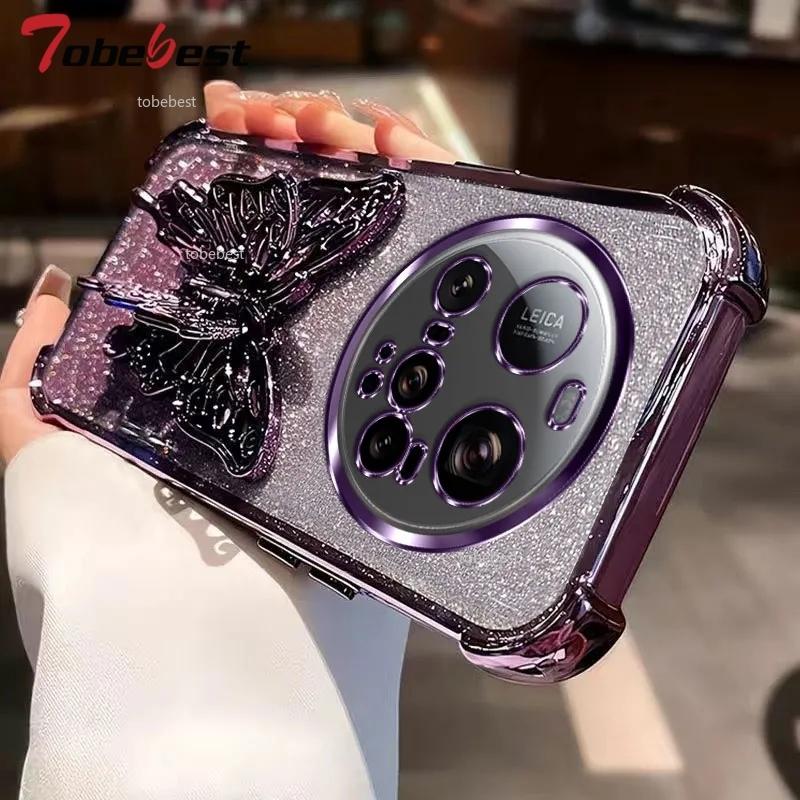 Противоударный чехол с блестящим покрытием для Xiaomi 15 Ultra 14 14T 13 12 11 Pro Lite 3D подставка-бабочка для телефона, браслет из бусин, задняя крышка