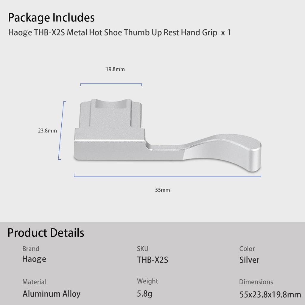 Haoge Металлический упор для горячего башмака Рукоятка для Fujifilm X100VI и X100V Серебристый THB-X2S Упор для большого пальца для камер,
