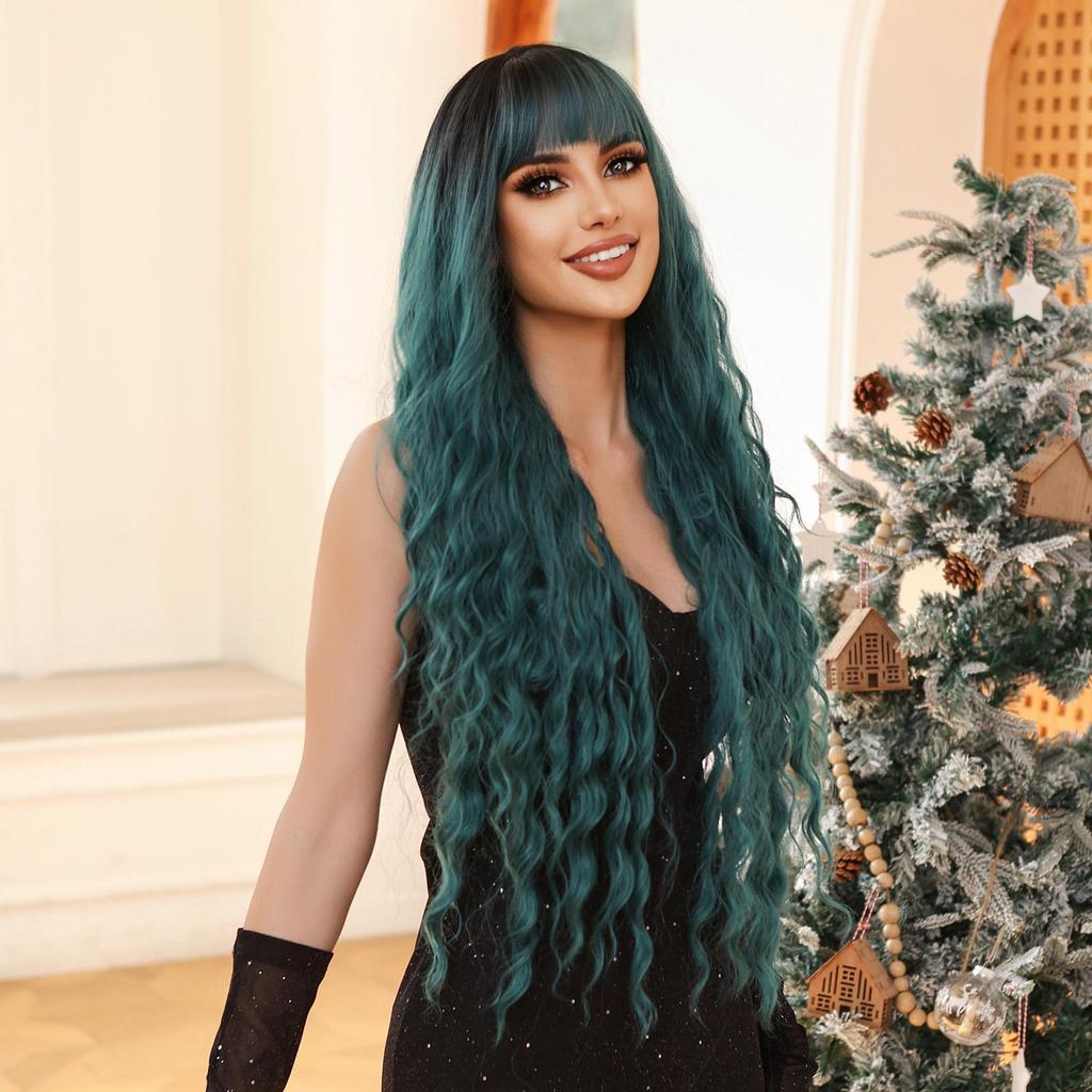 ALAN EATON Супер длинные зеленые парики с эффектом омбре, волнистый вьющийся синтетический парик с челкой для женщин, косплей, вечерние, повседневные, термостойкие волокна, парики