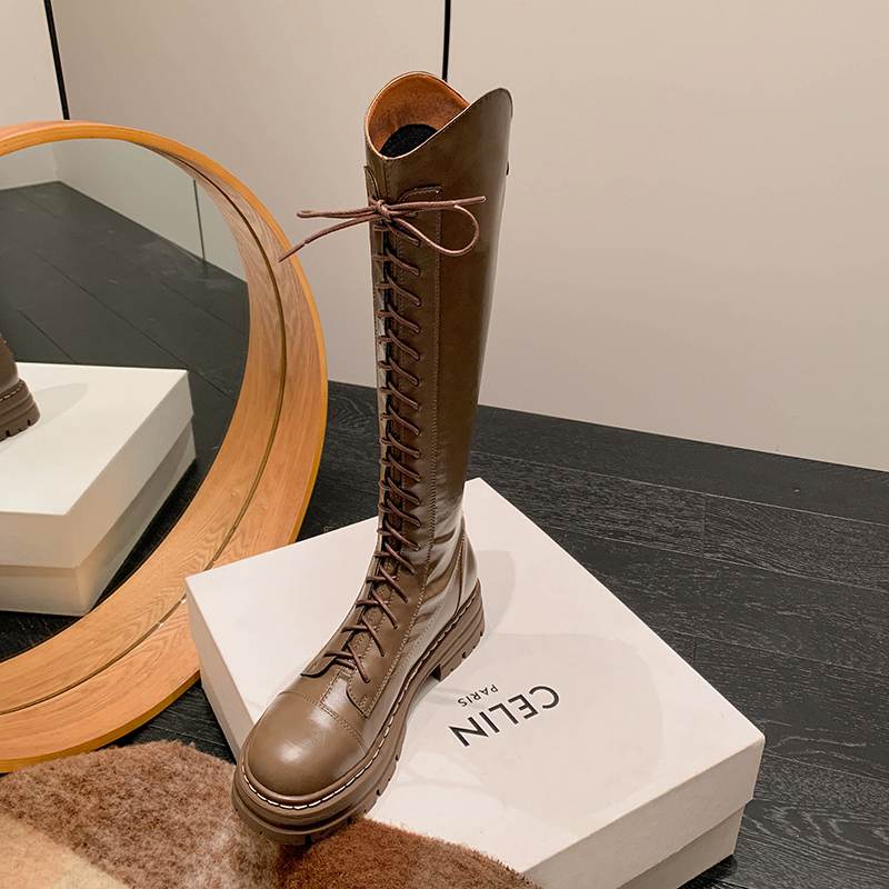 Krazing Pot Осенне-зимняя обувь из натуральной кожи, конные сапоги на среднем каблуке в европейском дизайне, женские теплые сапоги до бедра