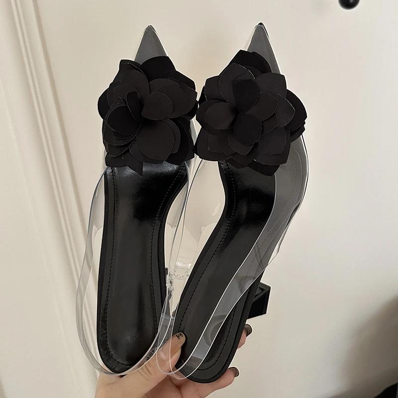 Модные женские туфли-лодочки, босоножки, летние, сексуальные, с открытой пяткой, на высоком каблуке, с цветочным принтом, элегантные, с острым носком, прозрачные, из ПВХ, для вечеринок и свадеб, на каблуках