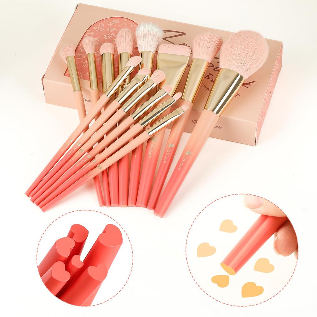 DUcare Набор кистей для макияжа из 14 штук, кисти для макияжа из высококачественного волокна, пушистая кисть для пудры, кисть для румян, кисть для теней, кисть для бровей, дизайн в форме сердца