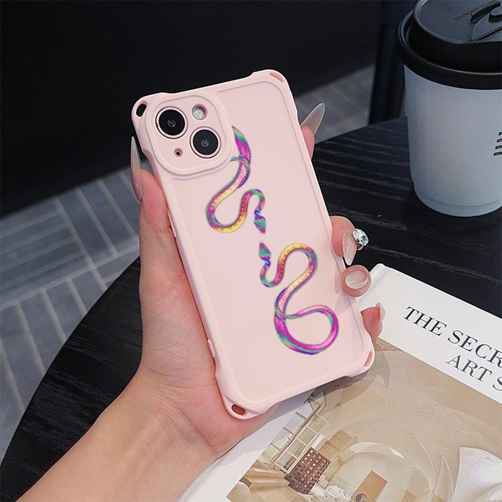 Soft Phone Cases for iPhone 16 15 13 12 11 14 Pro Max 8 Plus Four Corners Anti-Drop Protective Cover Optional Lanyard Rope N73 Black Gold Snake Design