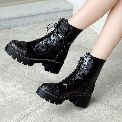 Женские повседневные короткие ботинки осень и зима новые толстый каблук большой размер шнуровка ботинки-локомотивы