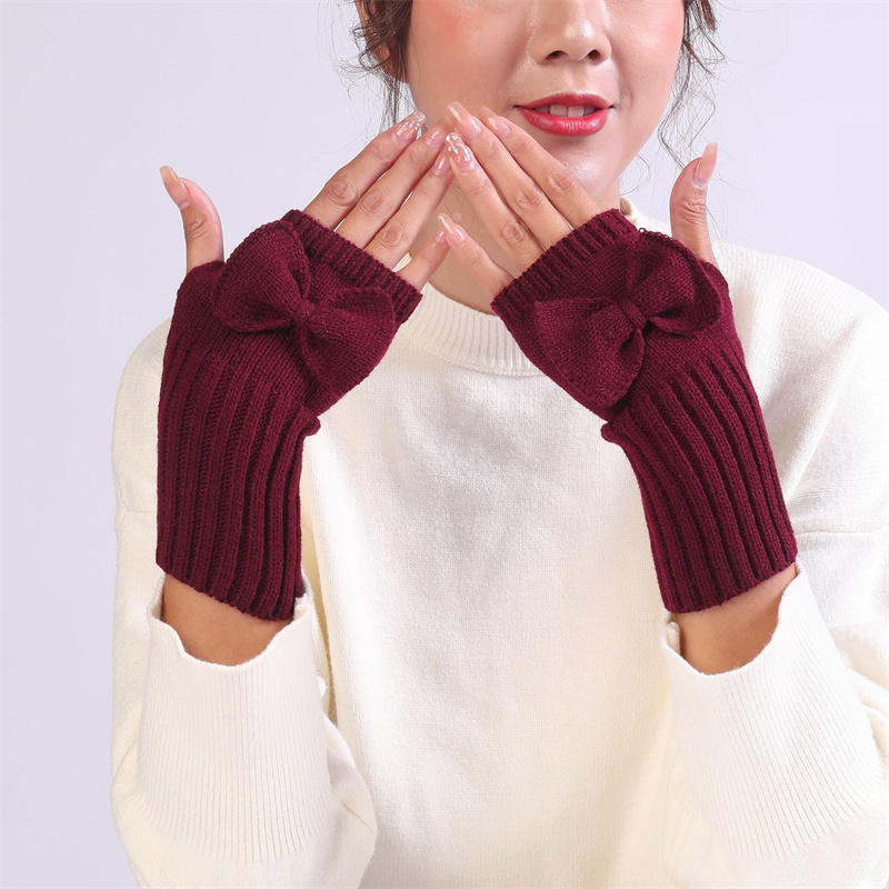 Women Short Bow Cable Knitted Warm Fingerless Gloves Outdoor Stretchy Arm Warmers Office Typing Wrist Gloves