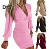 Women Spring Fall Dress Low Cut Deep V Neck Pleated Sheath Long Sleeve Slim Fit Tight Waist Soft Pure Color Lady Above Knee Length Mini Dress Party