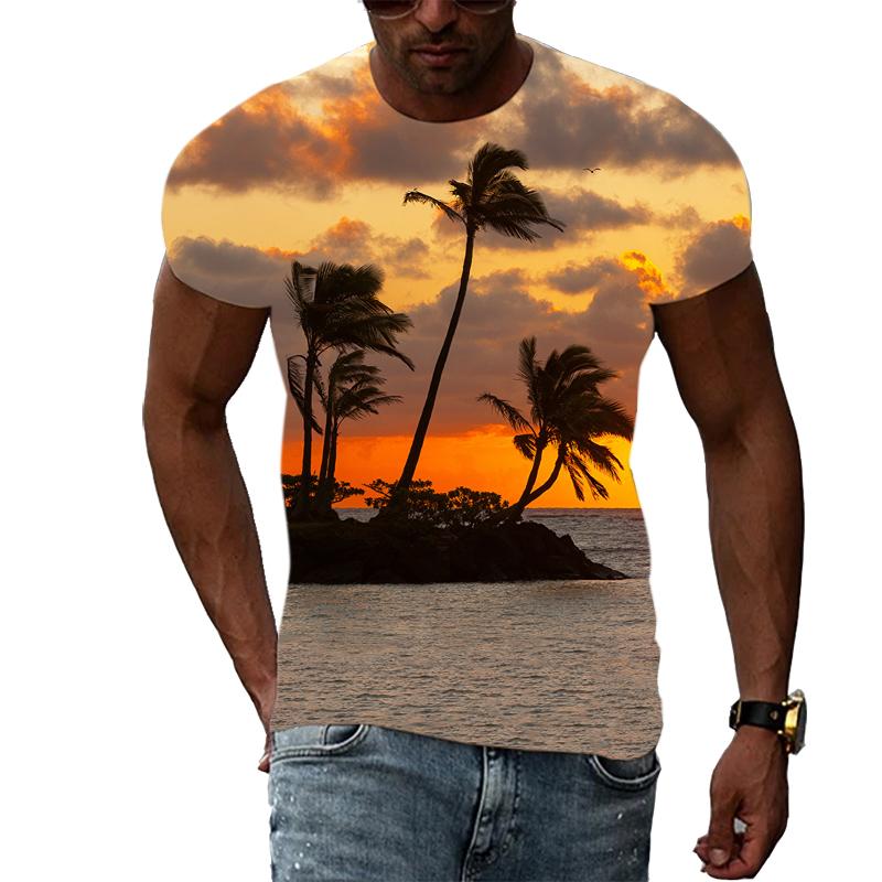 Летние удобные мужские футболки с принтом природного пейзажа, модные футболки с графическим принтом пейзажа, футболки с коротким рукавом и рисунком пляжа и моря, топы
