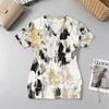 V-Neck Short Sleeve Ink Wash Slim Fit Mini Skirt, Soft Comfortable Trendy Summer Wear for Beach & Daily Casual
