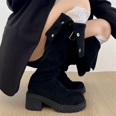 Ретро узкие ботфорты на толстом каблуке для женщин, новинка лета 2025 года, толстые мм высокие ботинки на толстой подошве