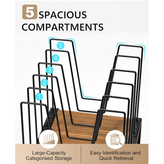 Наклонный органайзер для файлов на стол, 5 отделений, вертикальный держатель для папок, подставка для офиса, класса, домашнего рабочего места, металлический сортировщик файлов на деревянной подставке