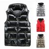 Autumn Winter Men Vest Cotton Padded Hood Solid Color Plus Size Bright Surface Thickened Jacket Streetwear