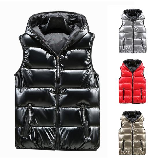 Autumn Winter Men Vest Cotton Padded Hood Solid Color Plus Size Bright Surface Thickened Jacket Streetwear