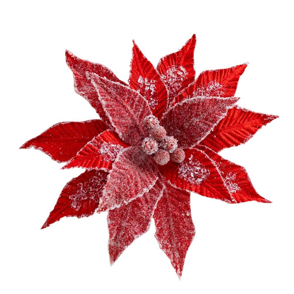 Luxurious Faux Velvet Christmas Flower Elegant Realistic Xmas Tree Ornaments with Ice Crystal Handmade Eternal Flower Home Decor