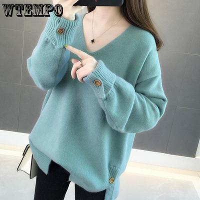 Женский вязаный свитер с V-образным вырезом на осень и зиму, свободный свитер на пуговицах, однотонный свитер для женщин