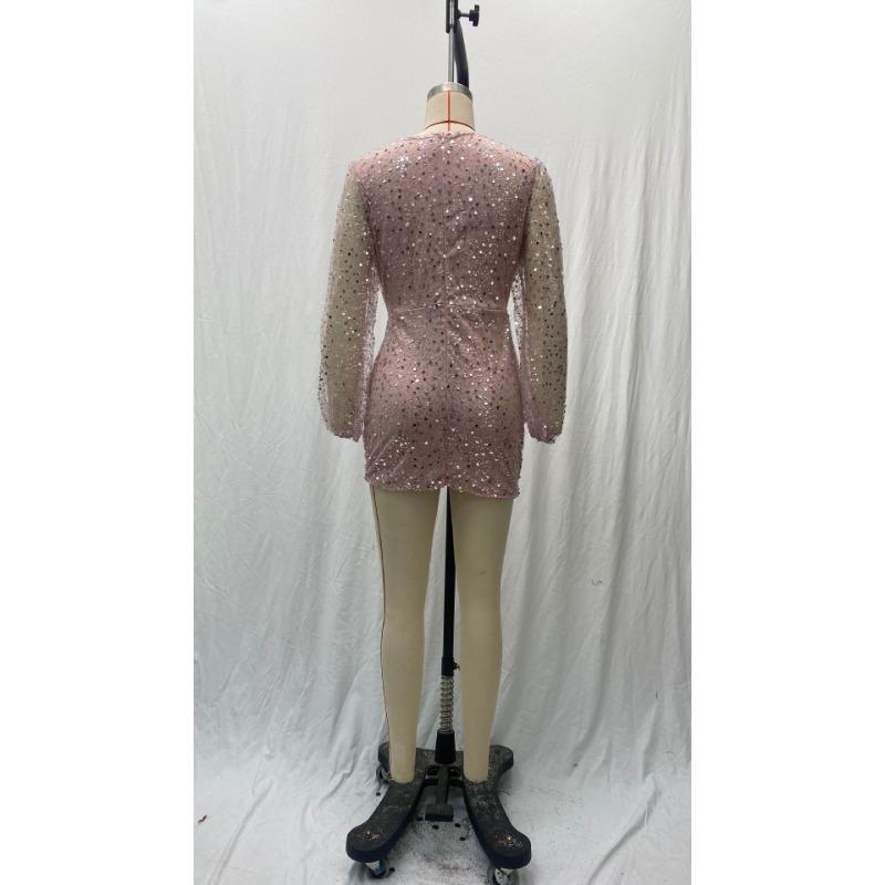 Женские летние короткие платья с длинными рукавами и v-образным вырезом и пайетками на талии