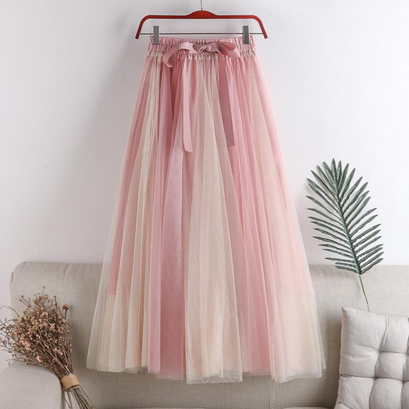 Qooth Women 7 Color Block Bow Tulle Ball Gown Skirt Elegant High Waist Fairy Mesh A-line Skirt For Spring Summer QT2127