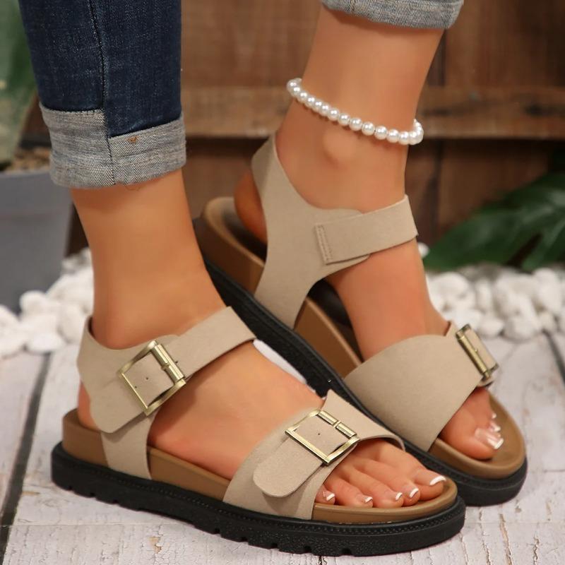 Женские сандалии с открытым носком, повседневные сандалии, брендовые сандалии на плоской подошве с ремешком и пряжкой, противоскользящие, удобные, для улицы, пляжная обувь 2025