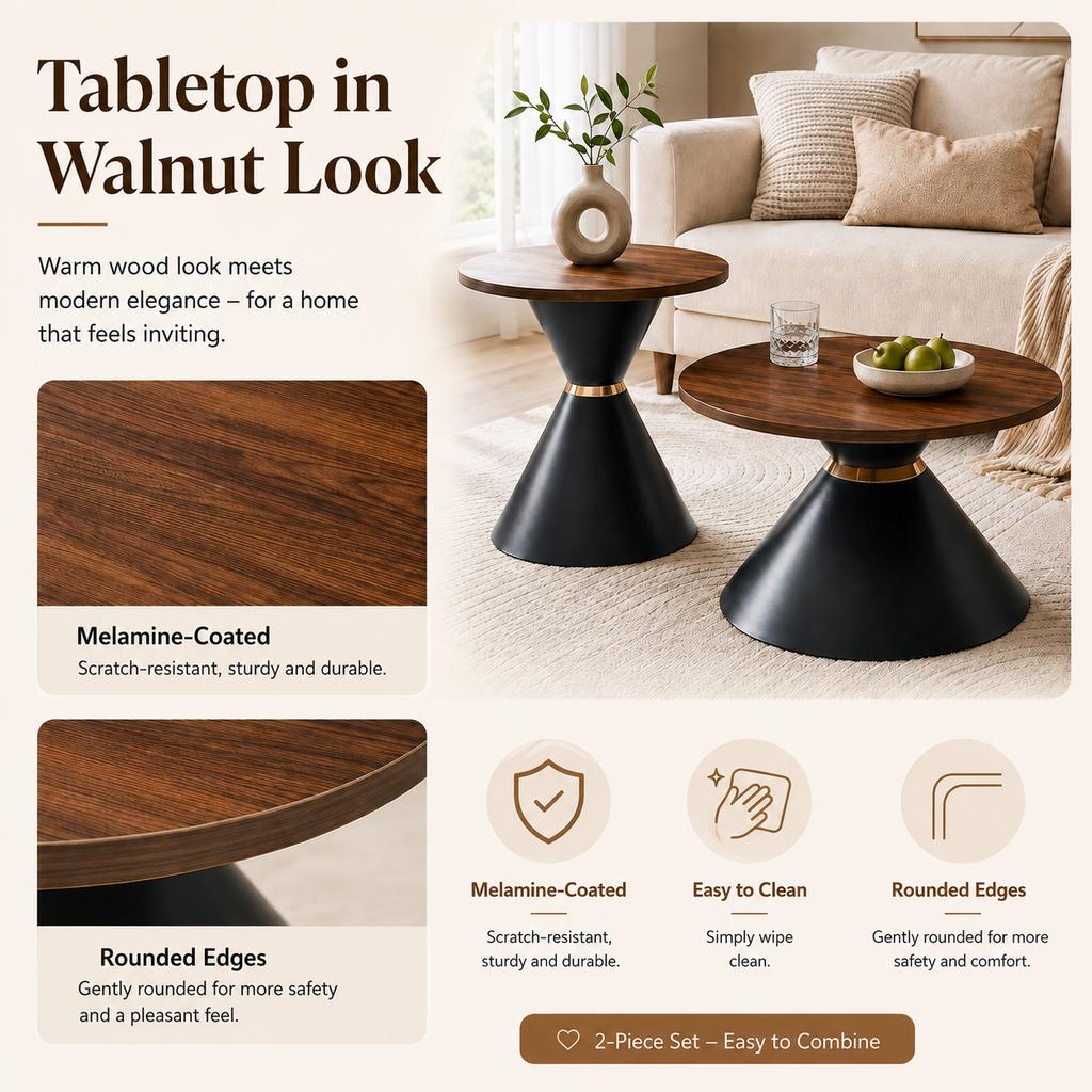 Set of 2 Round Coffee Tables with Walnut Look & Black Metal Cone Base, Space-Saving for Living Room, Bedroom & Office
