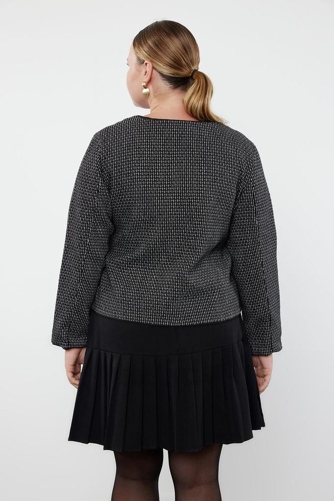  Women's Plus Size Jacket Black-White Plaid Check Lined Buttoned Tweed Jacket