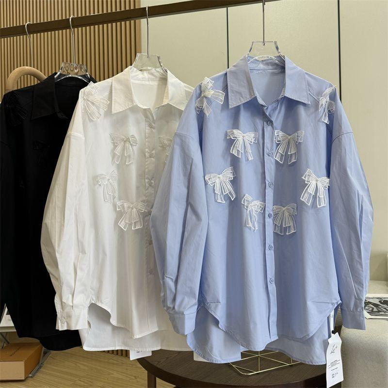 Women's 3D Lace Bow Shirts Solid Color Turn-down-collar Long Sleeved Spring Tops Loose Single Breasted Casual Blouses