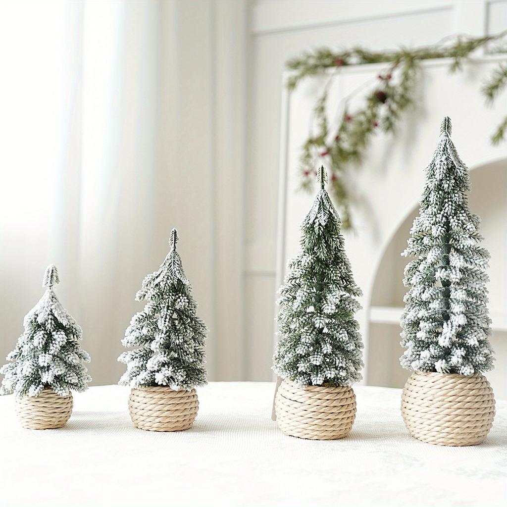 Набор из 4 шт. Искусственная мини-рождественская елка, Рождественская елка в горшке с основанием из пеньковой веревки, Подходит для украшения домашнего рабочего стола на Рождество