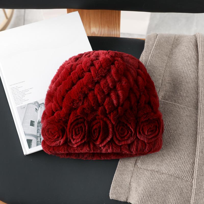 Winter Warm Scarf Hat Two-piece Set, Middle-aged and Elderly Temperament Rex Rabbit Fur Hat, Mother Flower Scarf