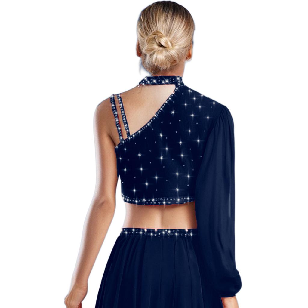 Womens Lyrical Dance Top Asymmetrical Sheer Mesh Long Sleeve Shiny Colorful Rhinestone Crop Top