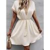 Women Vintage Mini Dresses 2023 Summer Fashion Solid V Neck Loose Lace Up Dress Female Casual Short Sleeve Beach Dress Vestidos