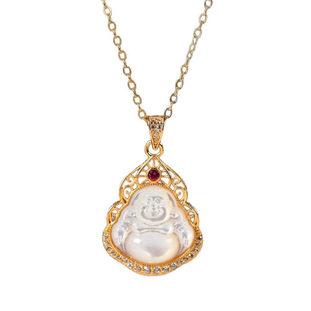 S925 Sterling Silver Mother-of-Pearl Buddha Pendant Necklace - Chinese Style Classic Clavicle Chain (X136)