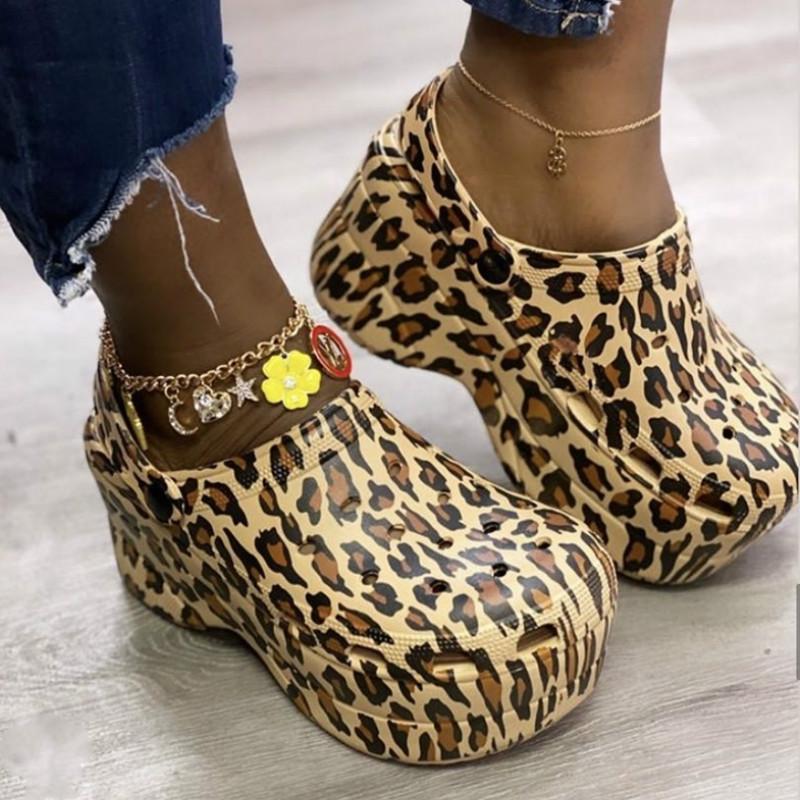 Мода hot6Popular Leopard Shoes Serpentine Small Hole Women High Heels Sandals Cute Slippers Platform Summer Lady Casual Shoes