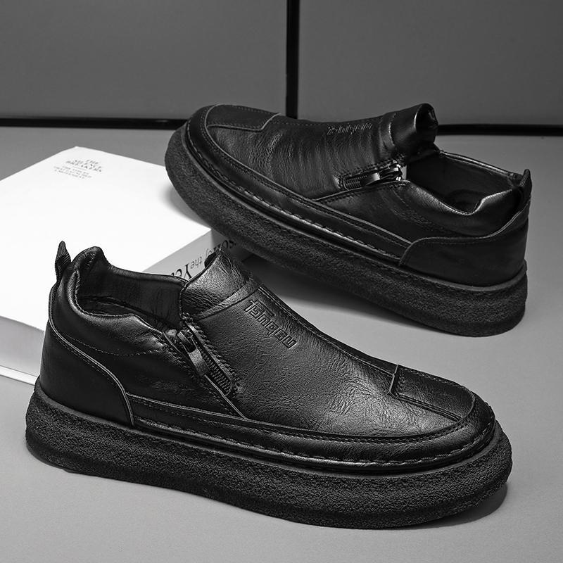 Fashion Men's Waterproof Leather Boots Spring Autumn Casual Non-slip Thick Sole Chef Work Round Toe Side Zip Comfort Walking Shoes