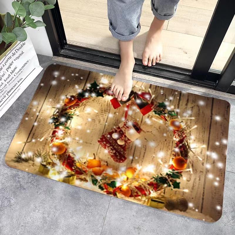 Christmas Themed Door Mat With Festive Patterns Bells Reindeer Sleigh NonSlip Durable Entrance Rug Indoor Outdoor Home Decor