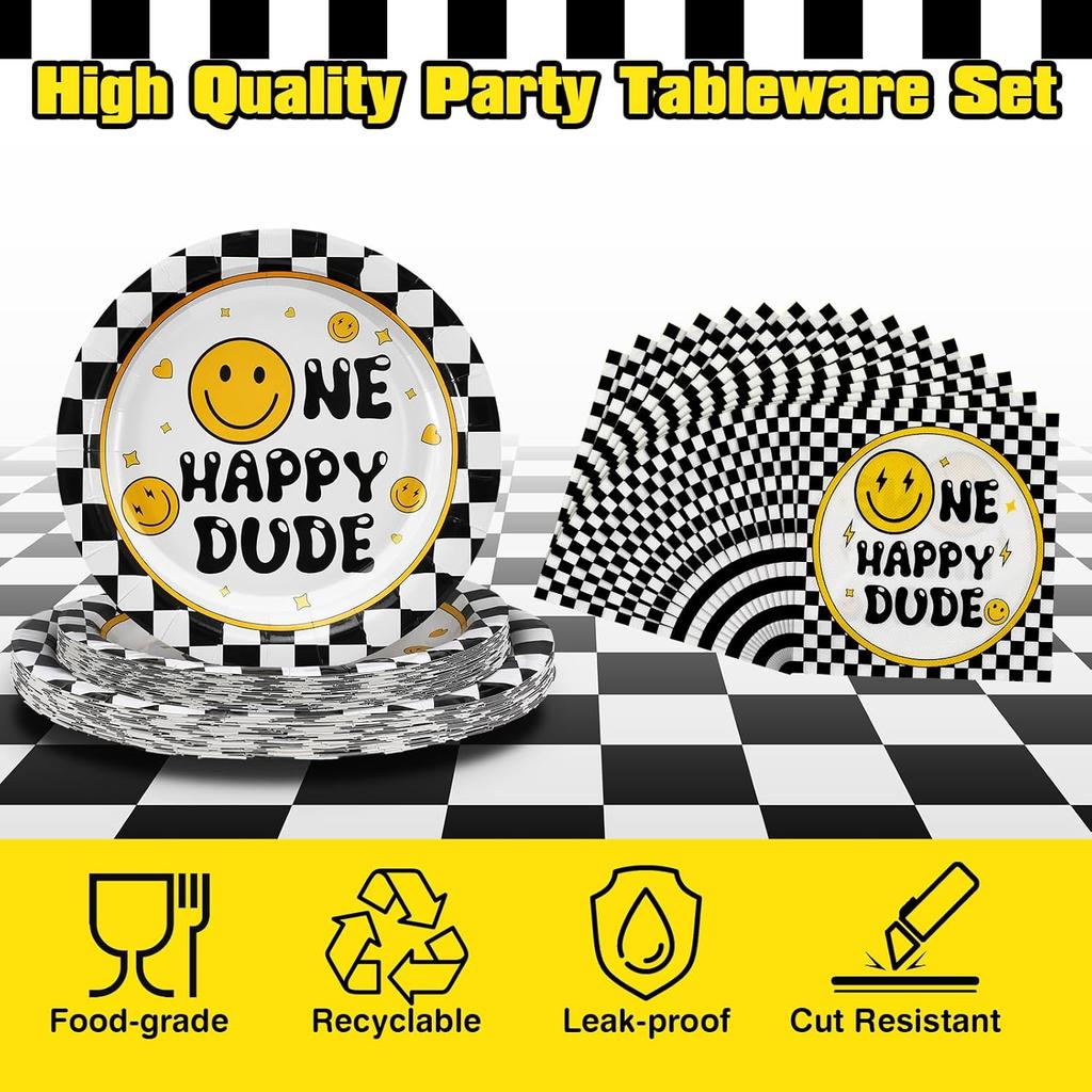 Umigy 96 Pcs One Happy Dude Birthday Party Decorations One Happy Dude Tableware Smile Face Party Supplies for 24 Guests Smile Plates Cups Napkins