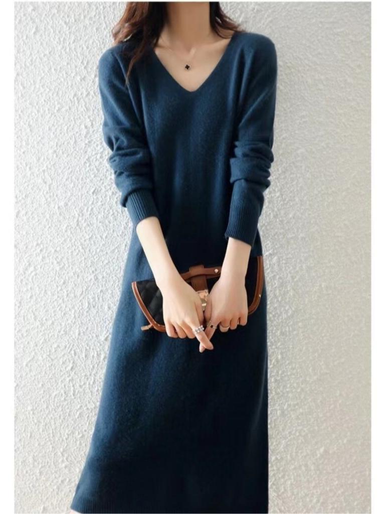 Autumn and Winter V-neck Knit Dress Women's Loose-fit High-end Feel Undercoat Long Dress French Style Coat for Ladies