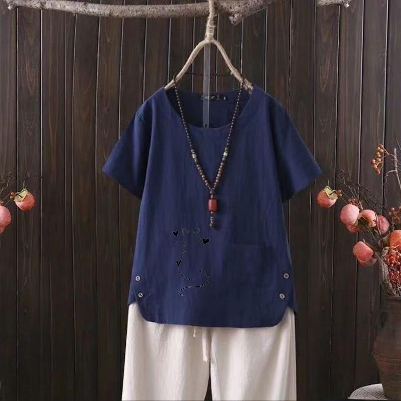 Summer Casual Linen Tee, Women's Vintage Graphic Shirt, Oversized Fit S-4XL