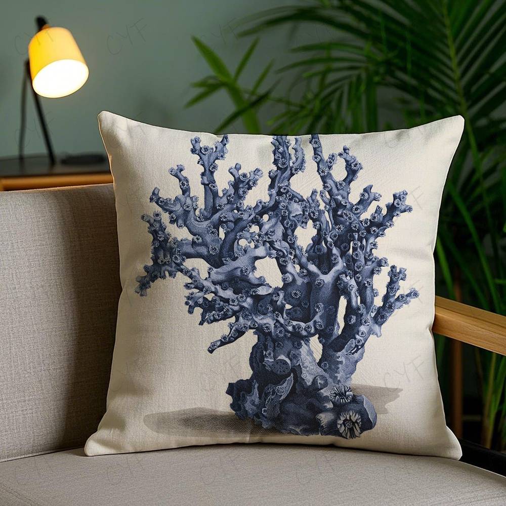 Double Sided Blue Sea Creature Coral Shrimp Printed Cushion Cover Decorative Pillow Case for Sofa Home Bedroom Nursery Case