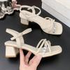 French One-word Strap High Heels Women's Summer 2025 New Versatile Skirt Medium Heel Thick Heel Fashion Sandals High Heels