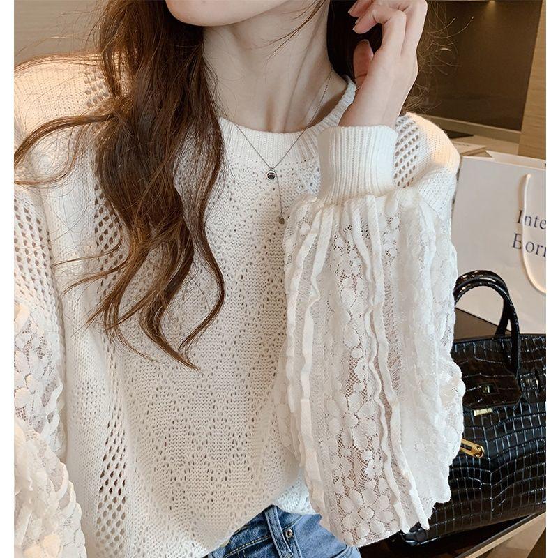 Knitwear Spring Autumn New Thin Loose Lace Patchwork Lazy Style Gentle Top Base Layer Knitwear Long Sleeve